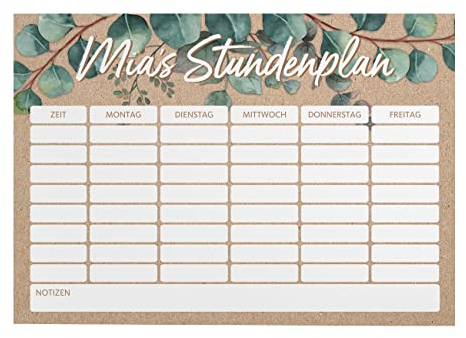 Herz & Heim® Magnetischer Stundenplan mit Blättermotiv für Schule, Studium und Co., personalisiert Eukalyptus
