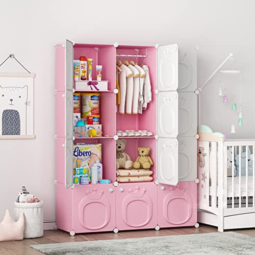 MAGINELS Kids Wardrobe Closet,Baby Closet Cabinet with Door.Baby Girls Armoires Organizer for Bedroom.Two Open Hanging Children Costume Area and 8 Cube Stroage.Pink(42x14x56inch)