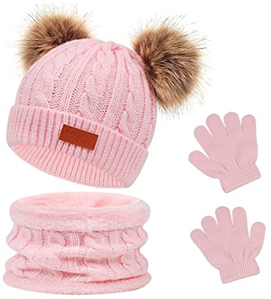 Waylipun Ensemble Bonnet, écharpe et Gants pour Enfants Garçon Fille, 1-5 Ans, Bonnets Tricotés avec Pompon et Snood Gant pour Garçons Filles (Rose)