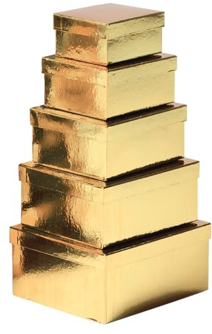 Deco Woerner Geschenkboxen-Set mit Deckel 5 Stück Gold glänzend von 16 x 6 x 12 cm bis 19 x 10 x 22 cm (B x H x L) Geschenkverpackung Aufbewahrung