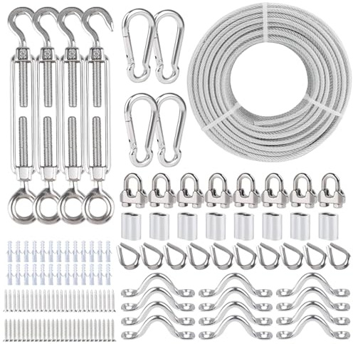 hannger Edelstahl Spannschlösser für Kabel Draht 5 mm, 60 m PVC Ummantelt 7×7 Strands Stahlseil mit Verschiedenen Hardware & Drahtseil für Geländer System Kit, Garten Draht Spalier, String Light