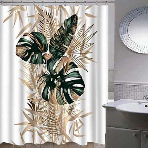 AASIRA Duschvorhang 180x200 Antischimmel Grünes Tropisches Blatt Wasserdicht Textil Duschvorhänge Gold Waschbar Polyester Badevorhang für Badewanne Badezimmer mit 12 Duschvorhangringen