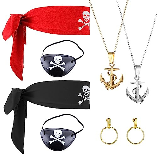 VIKSAUN 8 Stück Piraten Kostüm zubehör, Pirat Captain Dress Up Set, Creolen Augenklappen Kopftuch, Piratenhut für Kinder, Karneval Halloween Party Prop (8 Stück)