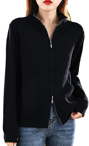 Ownwfeat Ulltröja för kvinnor dubbel dragkedja cardigan mode casual stickade toppar, Svart, L