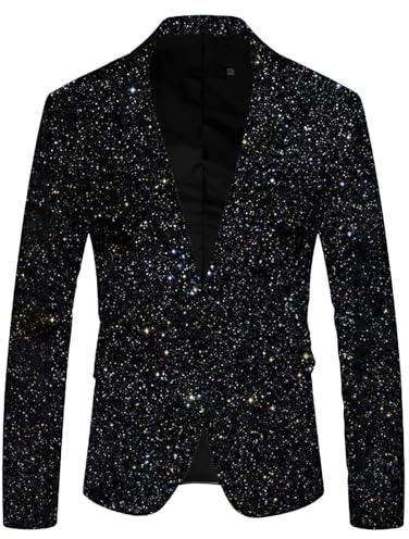 Glitzer Anzug Herren Pailletten Sakko Anzugjacke Gold Festlich Outfit Slim Fit Karneval Kostüm Smoking Anzüge Schwarz 3XL