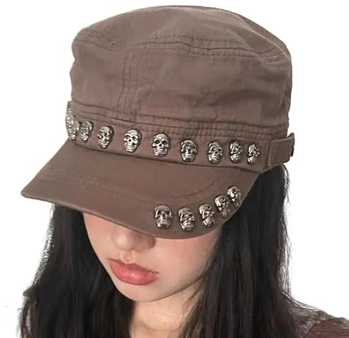 KieTeiiK Baskenmütze für Erwachsene, glitzernder Totenkopf-Nietenhut, Teenager, Schirmmütze, heiße Mädchen und Frauen, Matrosenmütze, Fotografieren, Camping, Baskenmütze, braun, 6 7/8-7 1/8