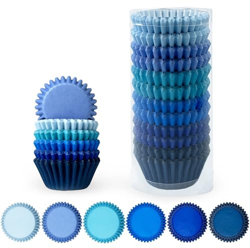 Gcardist 300 unidades de moldes para magdalenas, grado alimenticio, 6 colores azules sólidos, papel para magdalenas, envoltorios para cupcakes (tamaño pequeño)