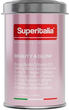 Beauty & Glow (11 Portionen) - Instant Kaffee – Präbiotischer Kaffee mit Biotin, veganem Kollagen & Kokosnussöl - Superfood Cappuccino von Superitalia - offizieller Partner von Hyrox - Made in Italy