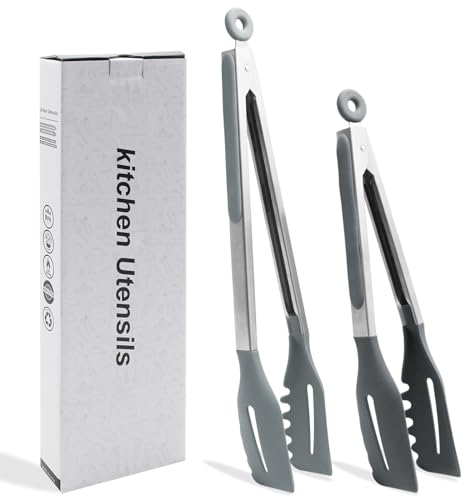 Mecmbj Küchenzange aus Edelstahl mit Silikonspitze, 2 Stück Kochzange, 9 inch und 12 inch, Grillzange mit Hitzebeständigem Silikongriff, zum Kochen, Backen und Grillen