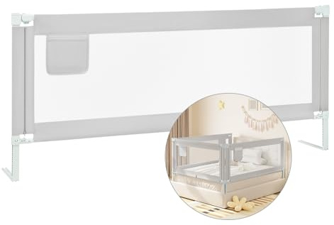 WOLTU Barrera de Cama para Niños 180 cm, Barandilla de Seguridad con Protección Anticaídas y Doble Bloqueo, para Colchones de 5-30 cm de Grosor, Gris Oscuro