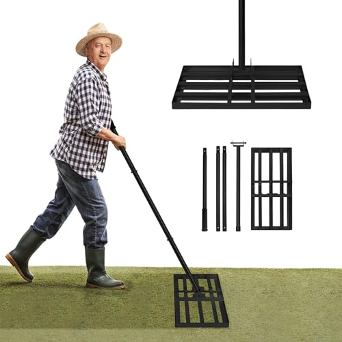 NAIZY Rasen Rakel Stahl Rasenrechen mit Stiel Einstellbar 25x50cm Garten Rake 95-185cm Lang Levelingrake Leveling-Rake zum Sanden Golf Garten, Schwarz