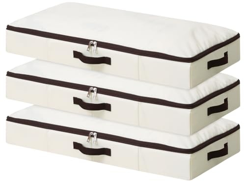 iwill Create PRO Foldable Under Bed Storage Basket Made Of Durable Material For Clothes, Shoes, Toys, Blankets, Organizer Containers, Bed Covers, Beige, Pack of 3
