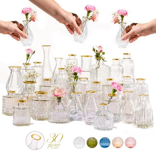 30 Pcs Premium Clear Bud Vases with Gold Rims - Small Bud Vases in Bulk for Table & Wedding Decor - Mini Vases for Flowers, Centerpieces and Home Decorations - Event Styling Vintage Vases