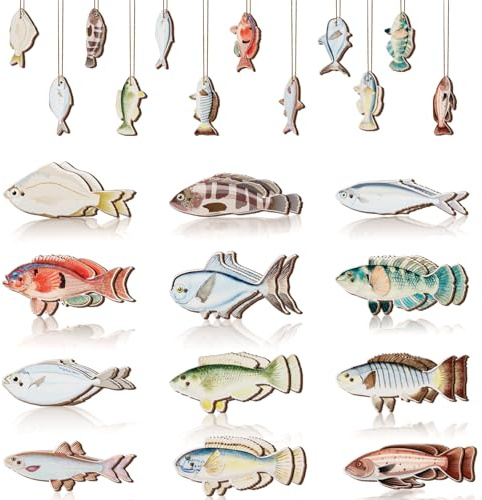 CORNER LACE Fishing Theme Wooden Hanging Decorations - 24 PCS Fish Hanging Ornaments Fisherman Birthday Baby Shower Christmas Tree Home Decor, Gone Fishing Under The Sea Ocean Animals Party Pendants