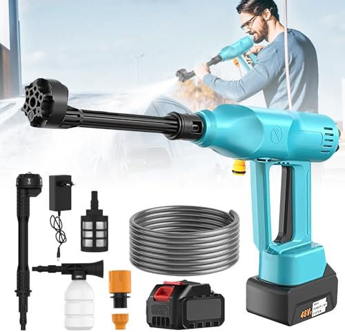 Limpiador de alta presión inalámbrico, 65 bar limpiador de alta presión con batería recargable 30000 mAh, pistola de alta presión inalámbrica 6 en 1, manguera de 5 m, para lavado de coches, jardín