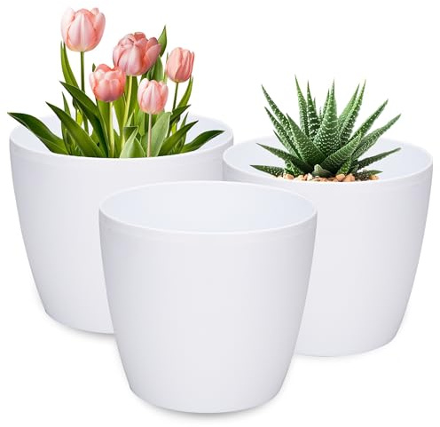 PECZEKO Blomkruka glänsande, set om 3 blomkrukor, 21/25/30 cm planteringskruka av ytterkruka plastkruka för, stora och små växter, set om 3 blomkrukor, örtkruka, vit