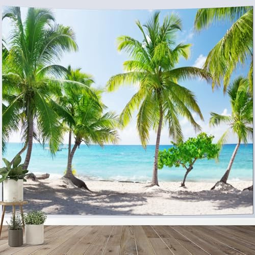 Calefee Tapisserie Wandbehang 150x130cm, Wandteppich Polyester für Wohnzimmer, Wandtuch Naturlandschaft Meer, Palmen
