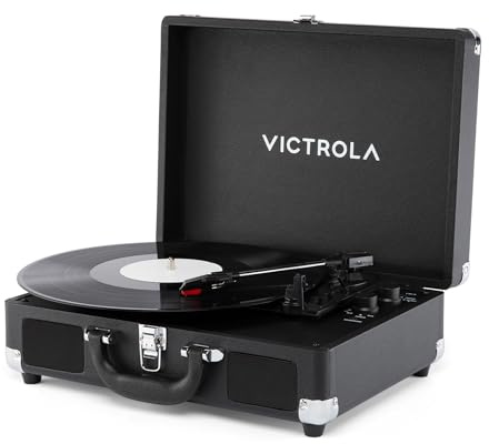 Victrola Journey II (2025 Model) – Bluetooth Suitcase Record Player – Built-in Stereo Speakers with Enhanced Bass, 3-Speed Turntable, Bluetooth Input and Output, RCA & Headphone Outputs (Black)