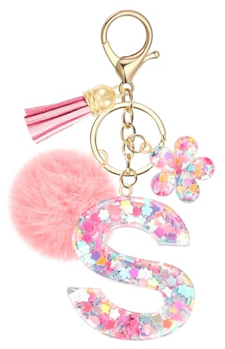 JSRQT Niedlicher Rosa Schlüsselanhänger Buchstaben, Namens Alphabet Harz Schlüsselanhänger Blumen Pailletten mit Pompons, Taschenanhänger Key Chain