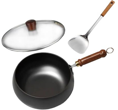 F Fityle Casserole de fer chinois cuit wok bouillant bouillant en bois ergonomique manche à fond plat à fond pour restauration hôtel cuisine maison camping, 28 Cm
