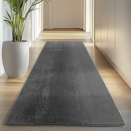 Carpettex Läufer Teppich Grau 80x250 cm- Kurzflor Teppich Waschbar, weich & rutschfest, modernes einfarbiges Design für Schlafzimmer, Küche & Flur