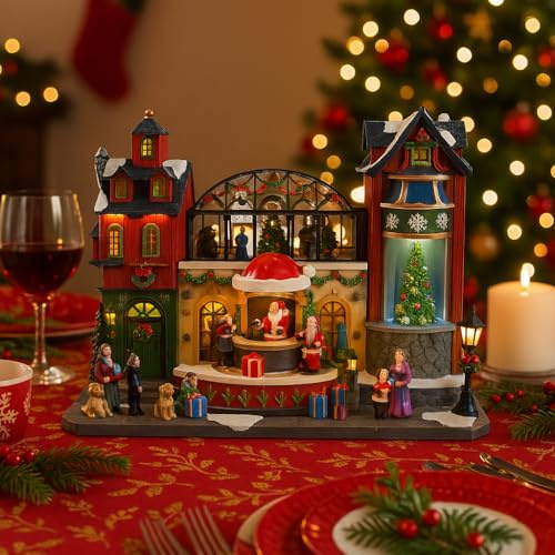 VARZI Carillon Grande Villaggio di Natale Illuminato con 55 LED Multicolore, Scena con Negozi, Regali e Albero, Decorazione Interna 48cm 1956