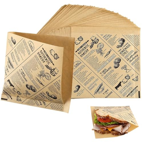 xolear 150 Feuilles de Papier pour Hamburger, Papier D'emballage pour Sandwich, Étanche à l'huile Emballage Alimentaire, Journal Wrap Sulfurisé, pour Burgers, Sandwichs, Frites et Snacks(15 x 15cm)