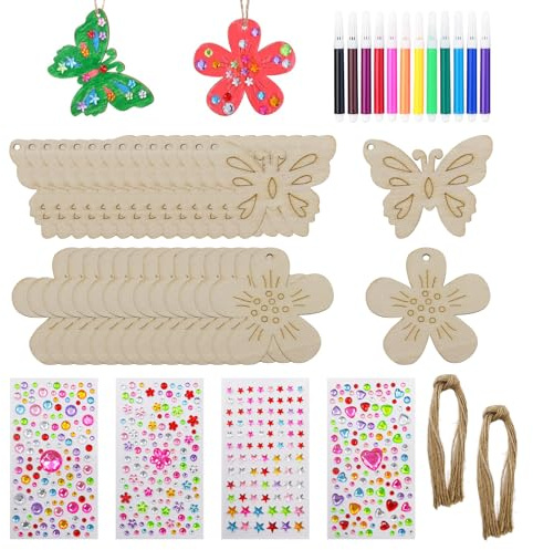POPAPIE 76 Stück Blume & Schmetterlinge Bastelsets,Holz Bastelset für Kinder,DIY Holzbasteln,Basteln Kindergeburtstag mit Schnur Aquarellstift & Edelsteinaufkleber für DIY Geburtstag Basteln Deko