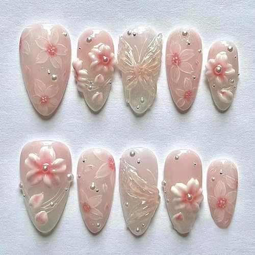MouyouGlow Press on Nails Kurz,Almond Rosa Gradient Weiß French 3D Blumen Floral Schmetterling Pearl Design Mandel Y2k Fake Nails mit Nagelkleber,Pink Ombre Flowers Sommer INS Künstliche Fingernägel