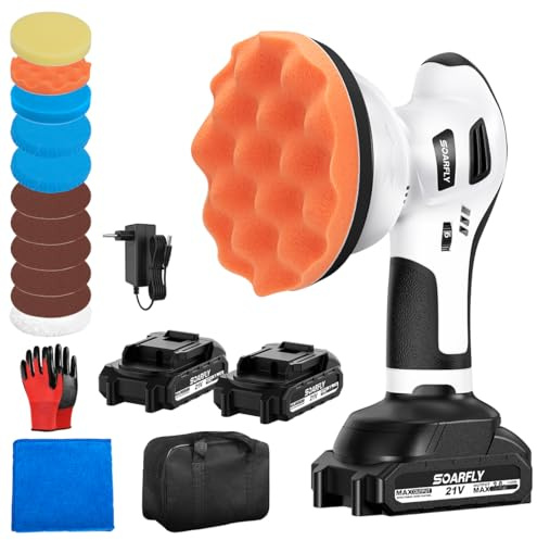Pulidora para automóviles con batería, pulidora excéntrica con batería de 2x2,0 Ah y 21 V, 6 velocidades variables, 3200-6600 rpm, para el detallado de automóviles y el tratamiento de faros.