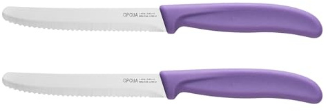 OPOLIA Tomato knife,2-Piece,Serrated,Stainless Steel,Dishwasher Safe,Purple | Table Knife,Kitchen Knives,Dinner Knife,Utility Knife,Breakfast Knife,Paring Knife for Vegetable and Fruit,10cm,PP Handle