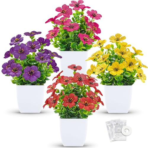 Der Rose 4 Pack Fake Plants Artificial Flowers with Fragrance Tablets for Bathroom Bedroom Office Desk Spring Decor