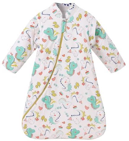 AGYMNX Baby Schlafsack 2.5 Tog Winter Weicher und Warm 100% Baumwolle Babyschlafsack Abnehmbare Lange Ärmel Tiermotive Geeignet für 0-8 Monate Neugeborene Weiß – Dinosaurier S