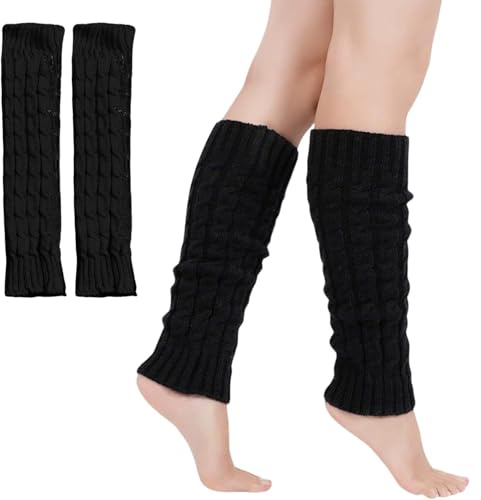 Wekuw 1 Pares de Calentadores de Piernas Leg Warmers Elasticidad Calentadores de Piernas de Punto para Mujeres Guantes Elásticos para Piernas Adecuadas para Otoño e Invierno (Negro con forro polar)