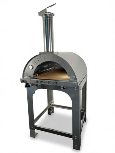 Forno ibrido legna gas Alfonso 4 Pizze, tetto inox lucido e carrello con ruote, 2 pirometri, portina chiuderna – (Bruciatore GPL)