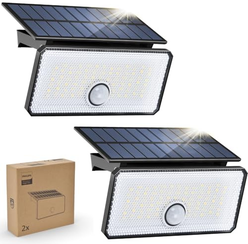Philips Solar Motion Sensor Lights Outdoor 2 Pack, 3 Modes, 1000LM 7000K Daylight, Waterproof Solar Powered Flood Lights for Garden, Yard, Garage