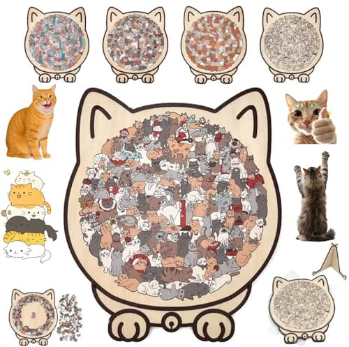 2025 verbessertes Katzen-Puzzle, 135-teiliges farbiges Holzpuzzle in Katzenform, herausforderndes unregelmäßiges Puzzle (bunt)