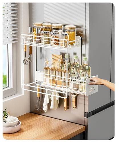 Trysea Magnetisches Gewürzregal für Kühlschrank mit verschiebbaren Schienenregalen, weißes Kühlschrank Magnet Regal mit 5 Haken, Magnetisches Regal Für Waschmaschine