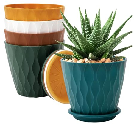qixeuoa Pots De | Lot De 5 Pièces Jardinière avec Un Trou De Drainage Et Une Soucoupe,Collection De Pots De Fleurs - pour Intérieur Et Extérieur, Porche, Fenêtre, Jardin, Balcon, Cactus,
