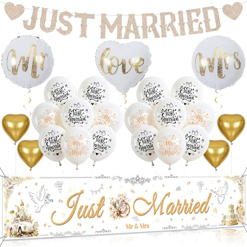 Just Married Hochzeitsdeko Set - Just Married Girlande Banner und Großem Gartenbanner (40×210 cm), Mr Mrs Herz Folienballons Latexballons Deko für Hochzeit Standesamt Standesamt Verlobung