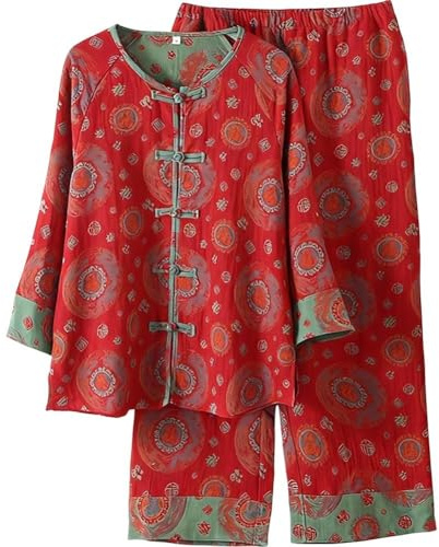 Ymxygz Ensemble Pyjama Femme Style Chinois - Pyjama Traditionnel en Coton À Boutons Brandebourg Col Mandarin, Ensemble Cadeau Vêtements D'intérieur Vintage