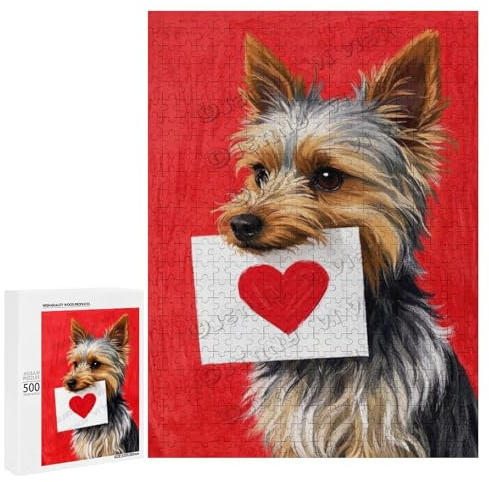 500 Piece Wooden Jigsaw Puzzle Yorkshire Terrier With Heart Love Theme for Adults – Challenging Puzzle Family Games, Difficult Puzzles for Dog Lovers, Mindful Activity