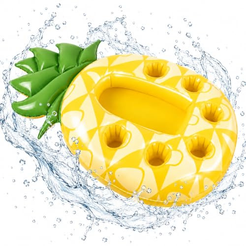 Soporte Inflable para Bebidas 2 en 1 Piña, Bandeja Flotante para Piscina con 7 Agujeros, Bandeja Piscina para Fiestas de Verano, Eventos Acuáticos