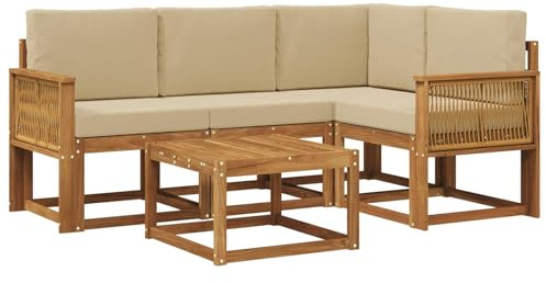 vidaXL Outdoor-Sofagarnitur mit Kissen 5 pcs Natur und Beige Polyester, Gartenmöbel, modernes Loungesofa, Eckset für die Terrasse, Robustes Sitzmöbel für drinnen und draußen
