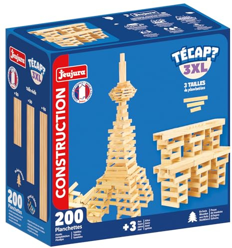 Jeujura - TECAP 3XL - 200 Pièces - Jeu de Construction dès 3 Ans - 8308 | 3 Dimensions de Planchettes - Jeu en bois - Jeu d’équilibre créatif et imagination - Modèles Inclus - Fabriqué en France