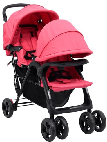 GeenYuu Tandem-tvillingvagn, rött stål med vikbar design, liggfunktion, soltak och regnskydd, kompakt, lätt för baby, småbarn, nyfödda, syskon, stad och resor