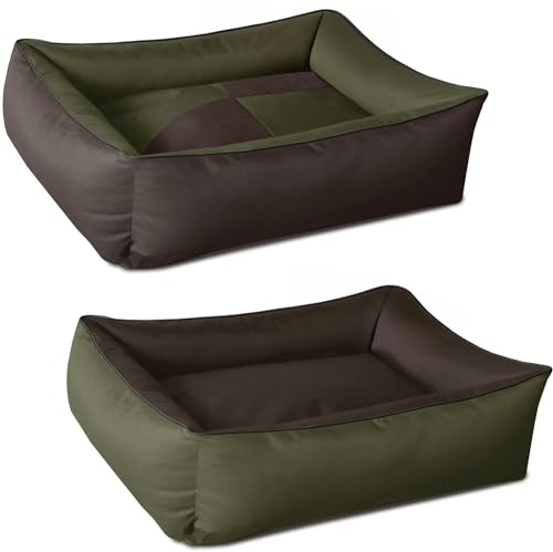 BedDog® hundsäng MAX QUATTRO 4in1, fyrkantig hundkudde, stor hundsäng, hundsoffa, med avtagbart locket, tvättbar, XL, brun/grönt