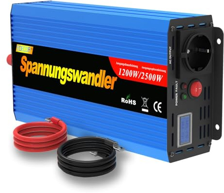 EDECOA Convertisseur 12v 220v convertisseur de Tension 1200w transformateur 220v 12v Onde sinusoïdale modifiée 1200w avec écran LCD et câbles