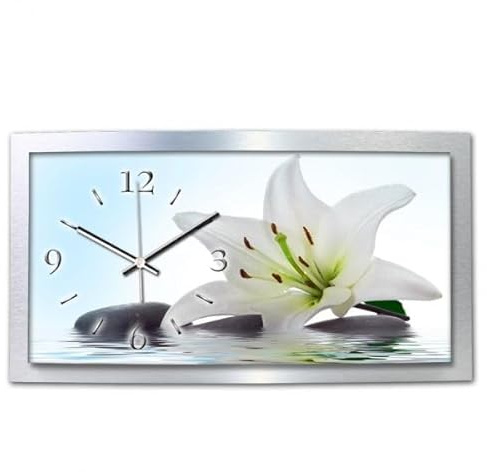 Kreative Feder 3D Designer-Wanduhr Lilie Weiß in modernem Metallic-Design; leise Funkuhr mit Motiv wahlweise in Zwei Größen (WAA038, 80x40cm; leises Funkuhrwerk)