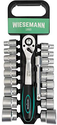 WIESEMANN 1893 Steckschlüsselsatz 20tlg mit I 1/2 Knarre, 8mm - 32mm Sechskant Bit Einsätze und Verlängerung 125mm aus Chrom-Vanadium Stahl mit Halter I 80041